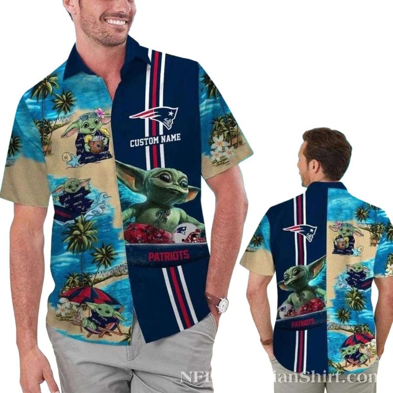 Personalized New England Patriots Beachside Baby Yoda Character Hawaiian Shirt 1