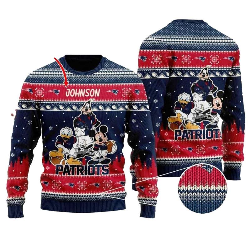 Personalized New England Patriots Disney Donald Duck Mickey Mouse Goofy Ugly Sweater 1