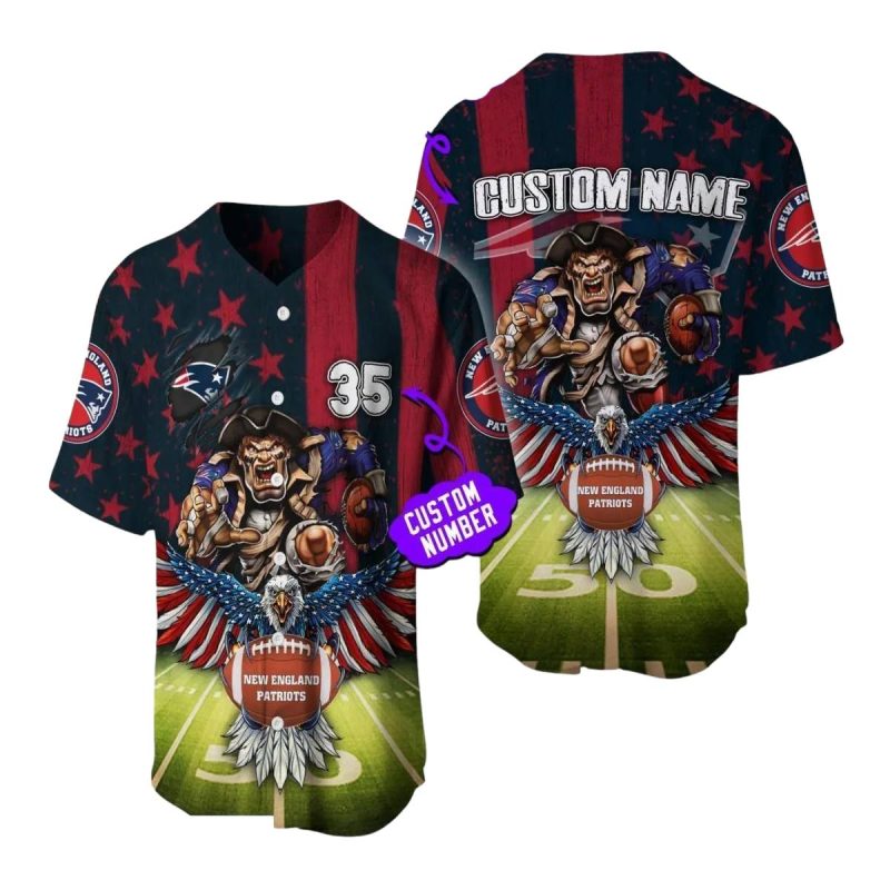 Personalized New England Patriots Eagle And Mascot Us Flag Baseball Jersey 1