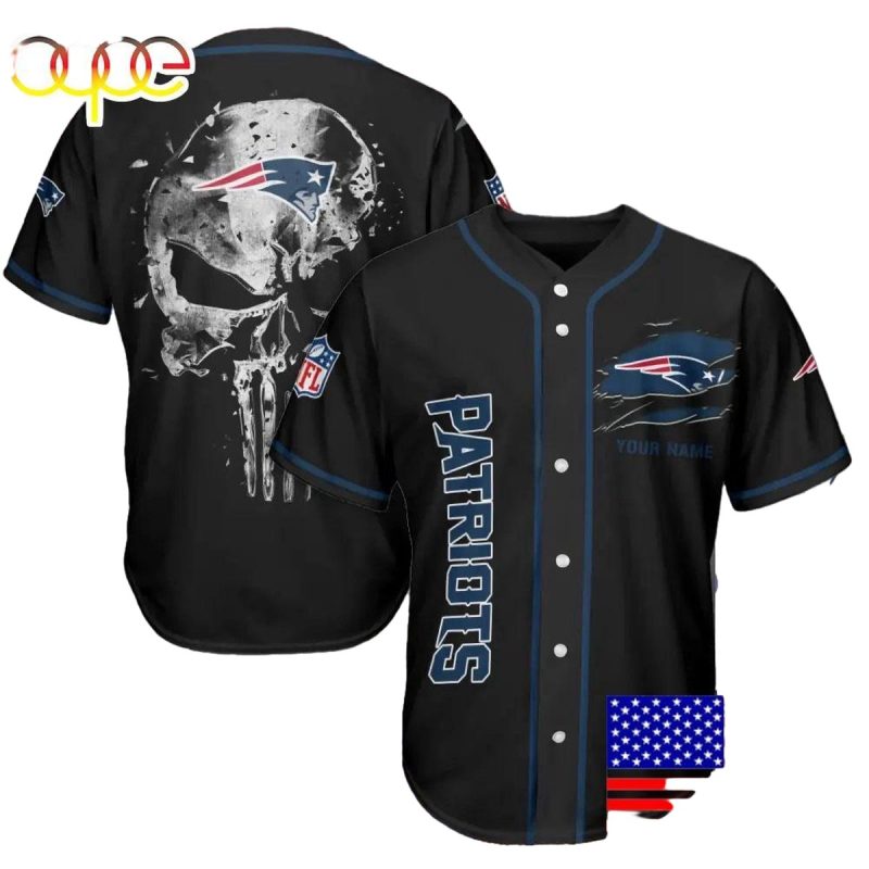 Personalized New England Patriots Iron Skull Black Baseball Jersey 1