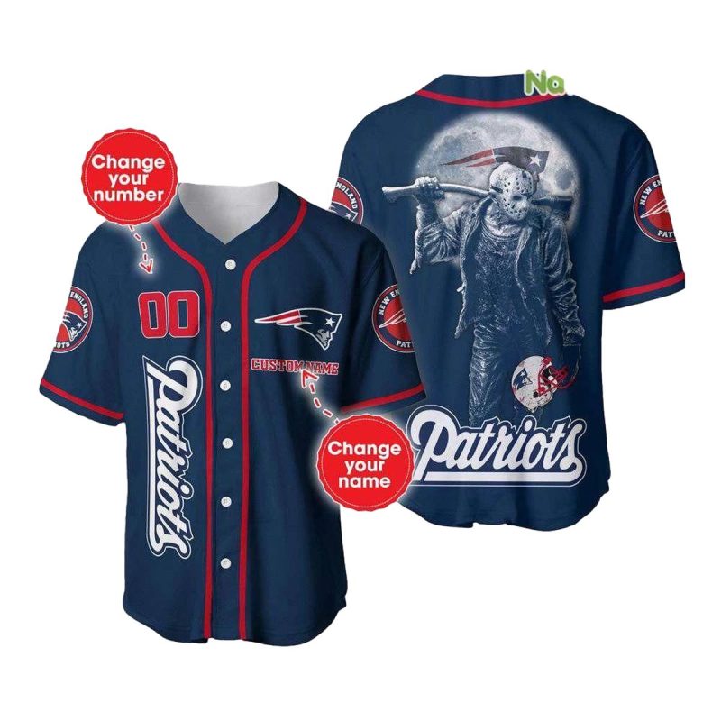 Personalized New England Patriots Logo And Jason Voorhees Baseball Jersey 1