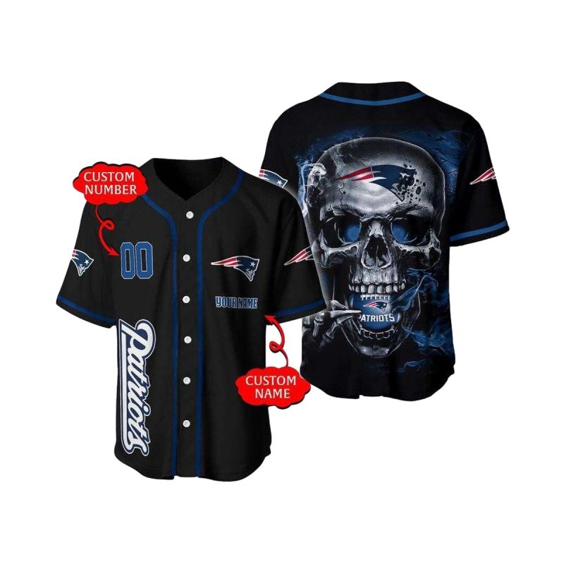 Personalized New England Patriots Logo And Skull Baseball Jersey 1