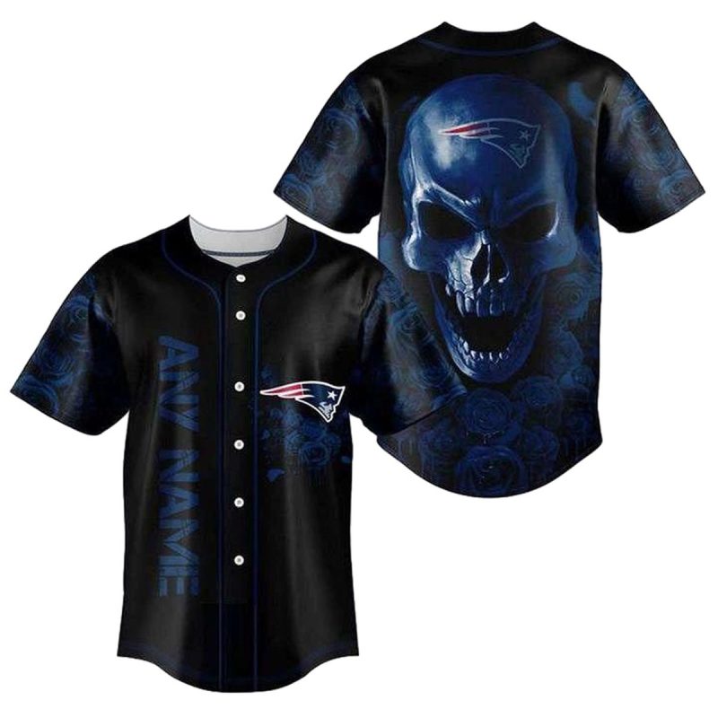 Personalized New England Patriots Logo And Skull Flower Baseball Jersey 1