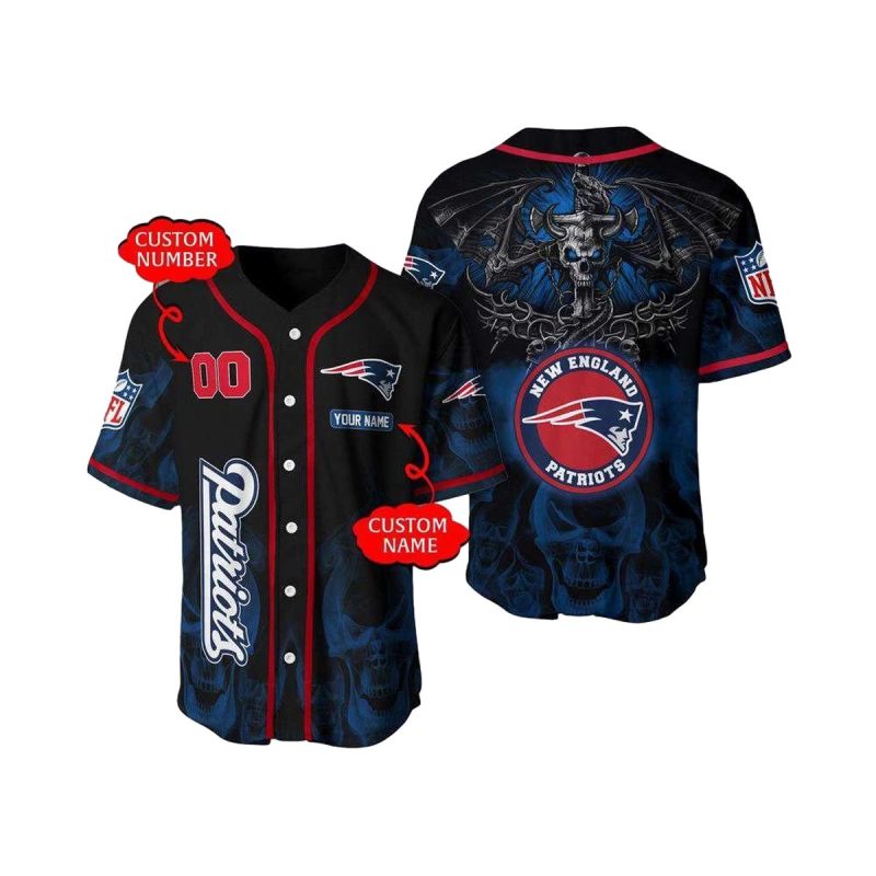 Personalized New England Patriots Logo And Skull Halloween Pattern Baseball Jersey 1