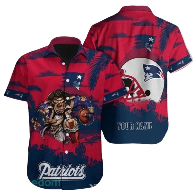 Personalized New England Patriots Mascot And Helmet Red Blue Pattern Hawaiian Shirt 1