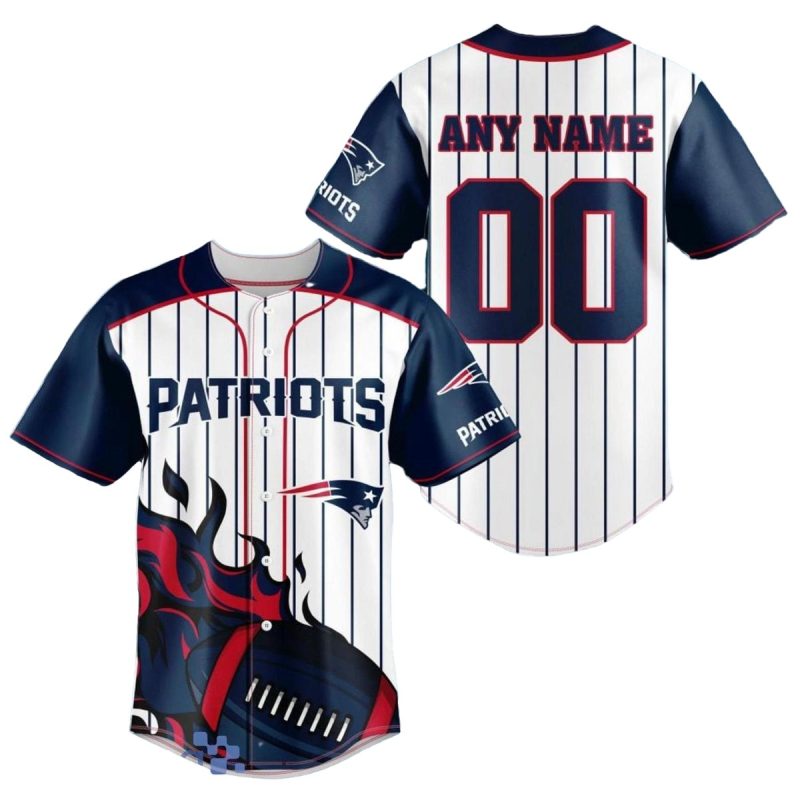 Personalized New England Patriots Navy Flame Ball White Baseball Jersey 1
