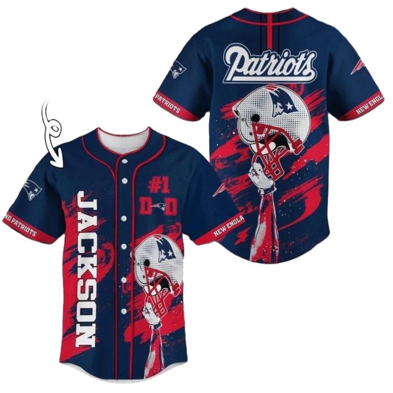 Personalized New England Patriots Navy Red Helmet Brush Baseball Jersey 1