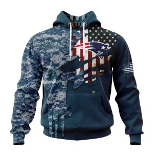 Personalized New England Patriots Navy Skull Camo Veteran Hoodie
