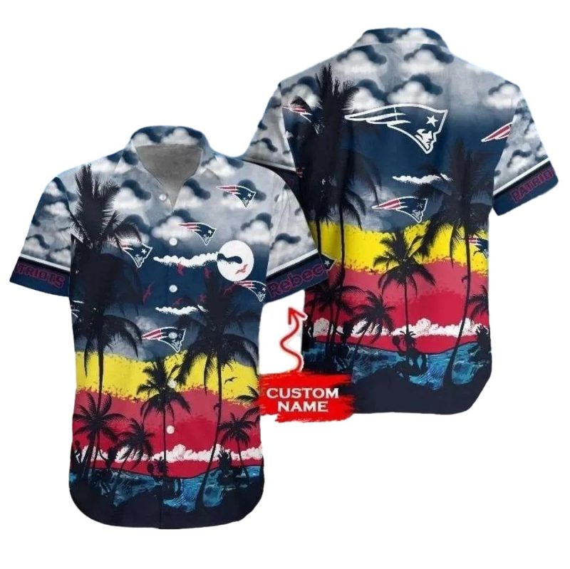 Personalized New England Patriots Sunset Palms Coconut Serene Skyline And Team Logos Hawaiian Shirt 1