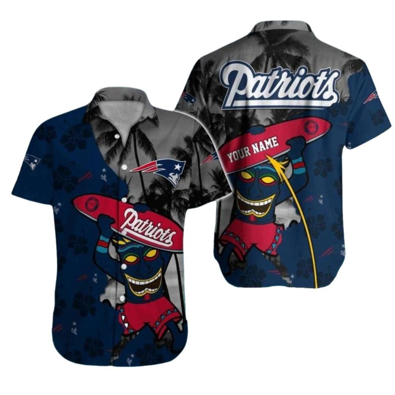 Personalized New England Patriots Surfing With Tiki Pattern Hawaiian Shirt 1