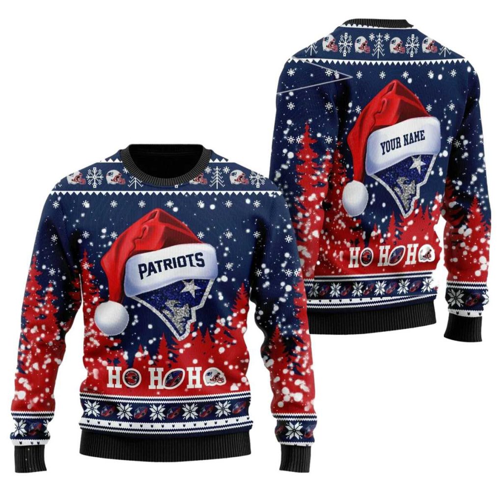 Personalized New England Patriots Symbol Wearing Santa Claus Hat Ho Ho Ho Ugly Sweater 1