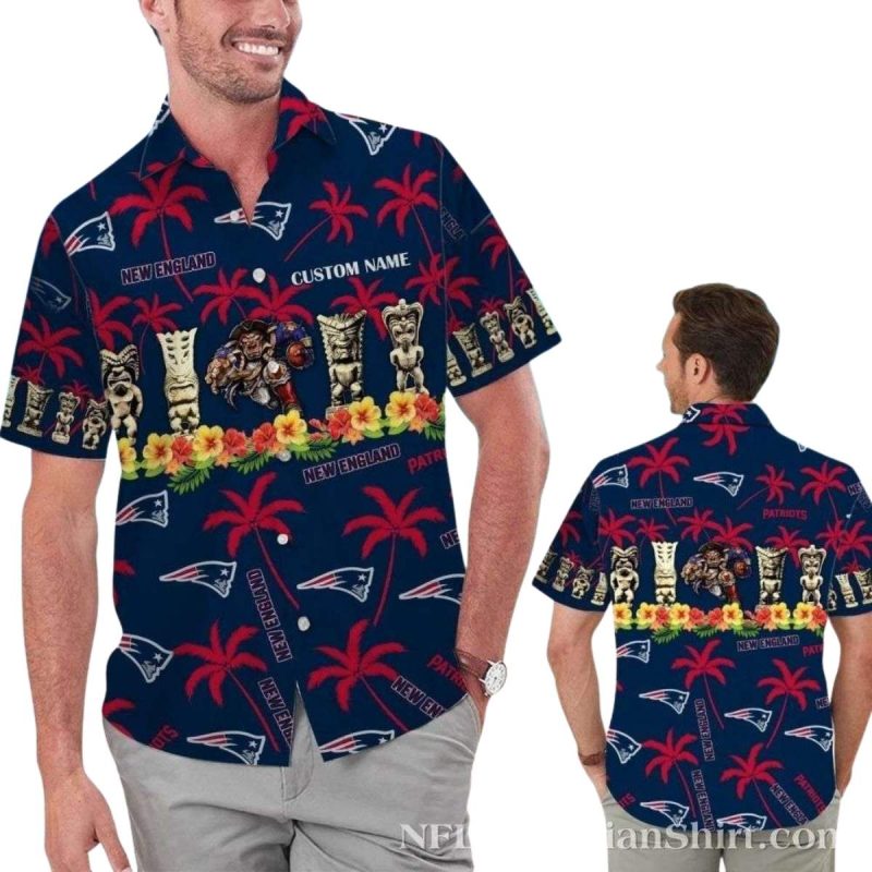 Personalized New England Patriots Tiki Totem Coconut Tree Pattern Hawaiian Shirt 1
