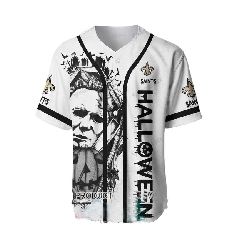 Personalized New Orleans Saints And Halloween White Pattern Baseball Jersey 1