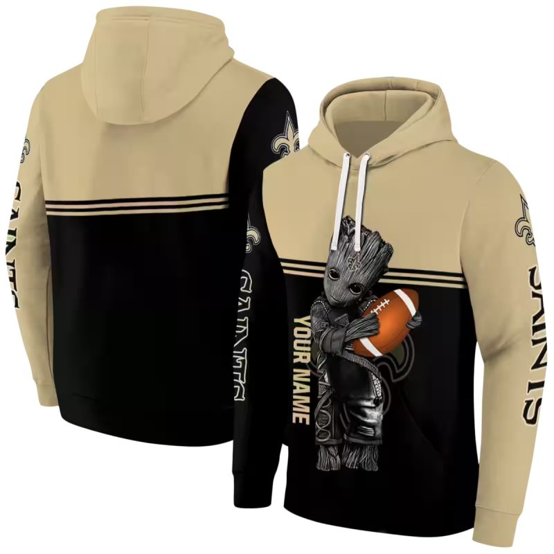 Personalized New Orleans Saints Baby Groot Hug Ball Gold Black Aop Hoodie 1
