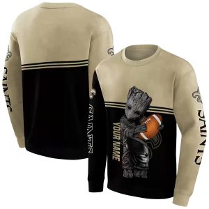 Personalized New Orleans Saints Baby Groot Hug Ball Gold Black AOP Sweatshirt