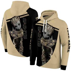 Personalized New Orleans Saints Baby Groot Hug Logo Gold And Black AOP Hoodie