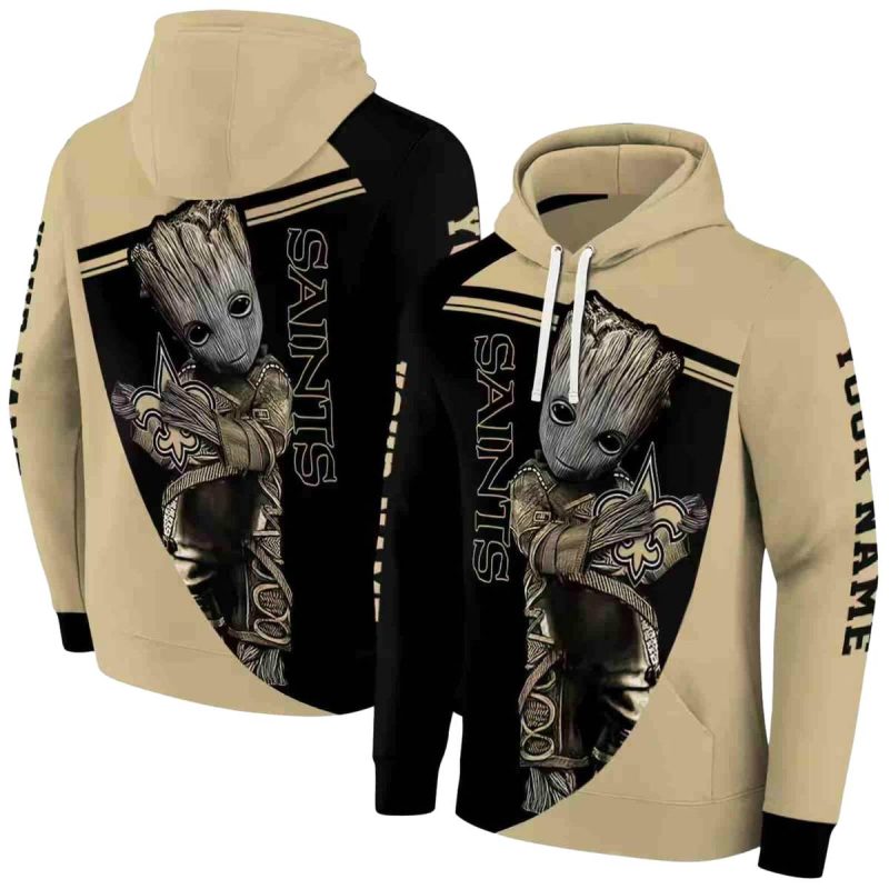 Personalized New Orleans Saints Baby Groot Hug Logo Gold And Black Aop Hoodie 1