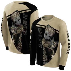 Personalized New Orleans Saints Baby Groot Hug Logo Gold And Black AOP Sweatshirt