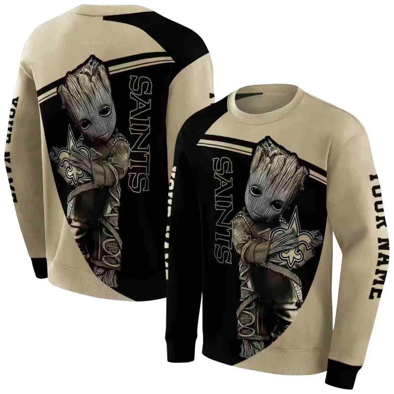 Personalized New Orleans Saints Baby Groot Hug Logo Gold And Black Aop Sweatshirt 1