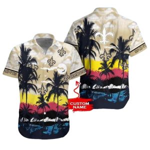 Personalized New Orleans Saints Coconut Tree And Beach Sunset Hawaiian Shirt