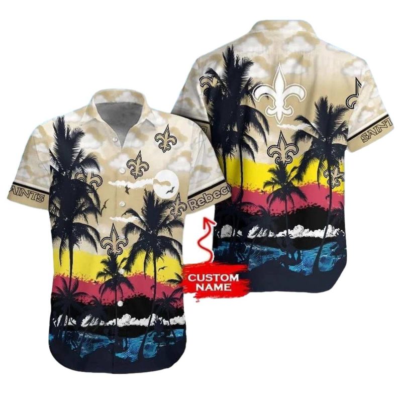 Personalized New Orleans Saints Coconut Tree And Beach Sunset Hawaiian Shirt 1