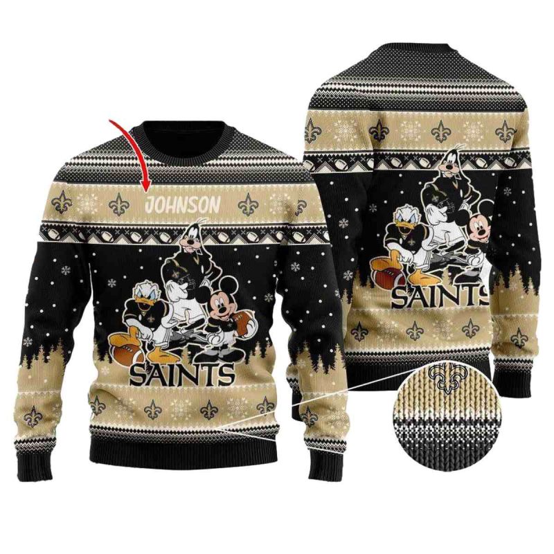 Personalized New Orleans Saints Disney Donald Duck Mickey Mouse Goofy Ugly Sweater 1