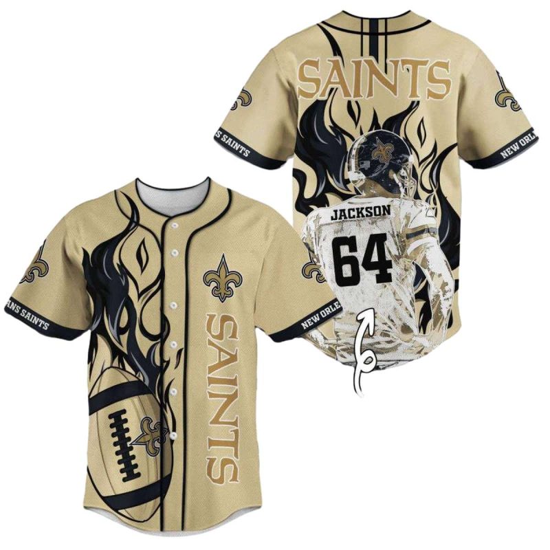 Personalized New Orleans Saints Flame Ball And Player Baseball Jersey 1