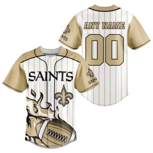Personalized New Orleans Saints Flame Ball White Gold Baseball Jersey