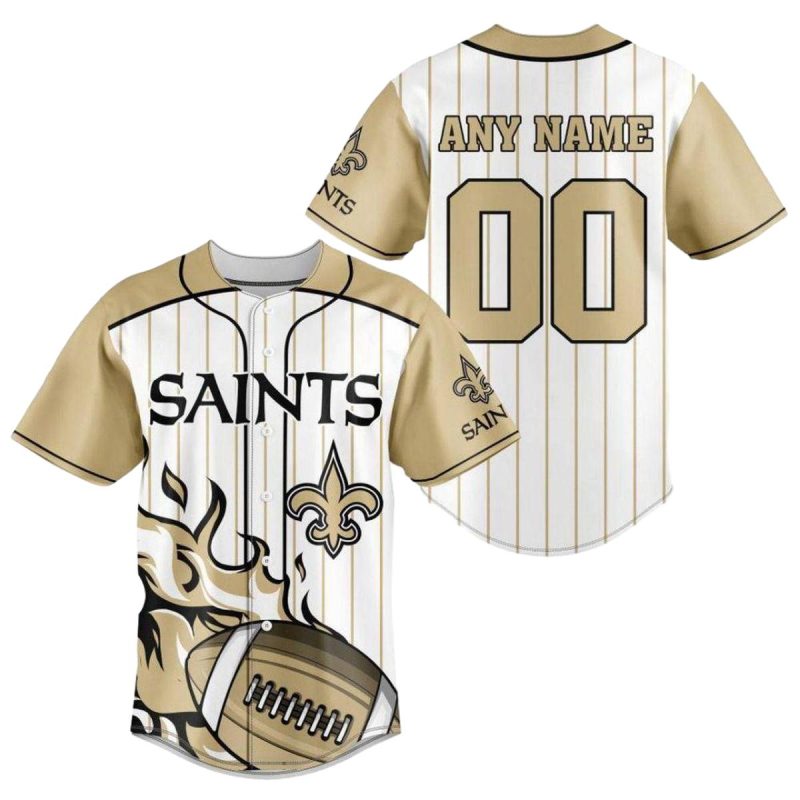 Personalized New Orleans Saints Flame Ball White Gold Baseball Jersey 1
