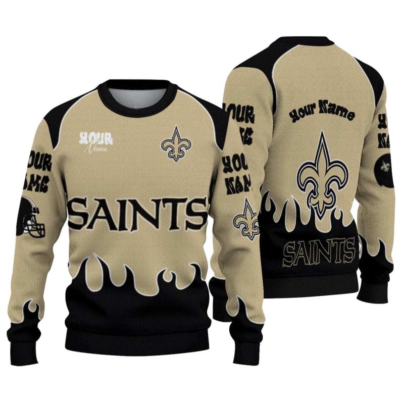 Personalized New Orleans Saints Flame Border Gold And Black Aop Sweatshirt 1