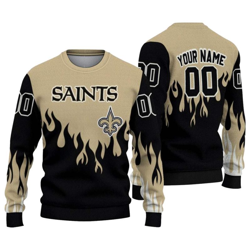 Personalized New Orleans Saints Flame Outline Gold Black Aop Sweatshirt 1