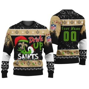 Personalized New Orleans Saints Grinch Drink Up Ugly Sweater
