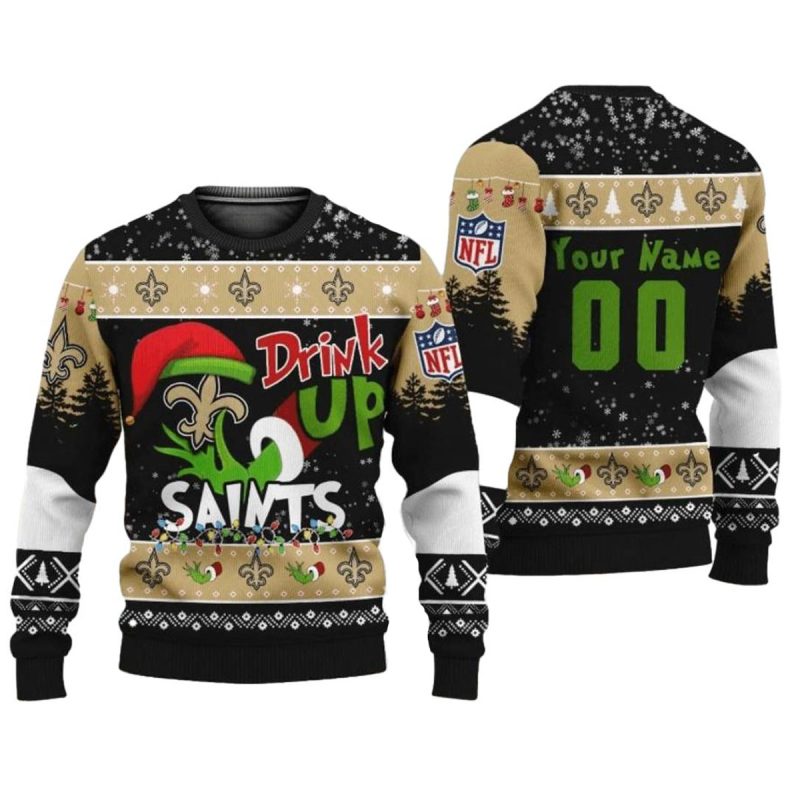 Personalized New Orleans Saints Grinch Drink Up Ugly Sweater 1