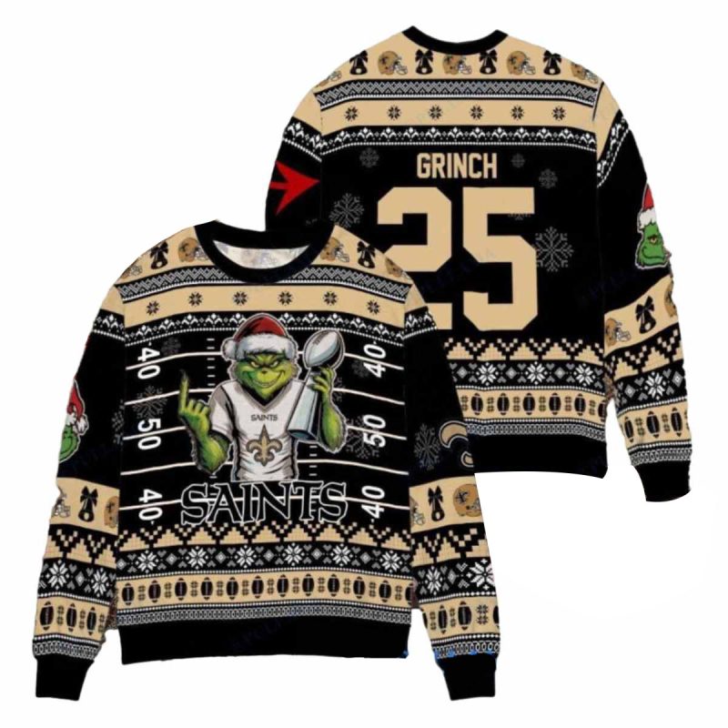 Personalized New Orleans Saints Grinch Super Bowl Trophy Ugly Sweater 1
