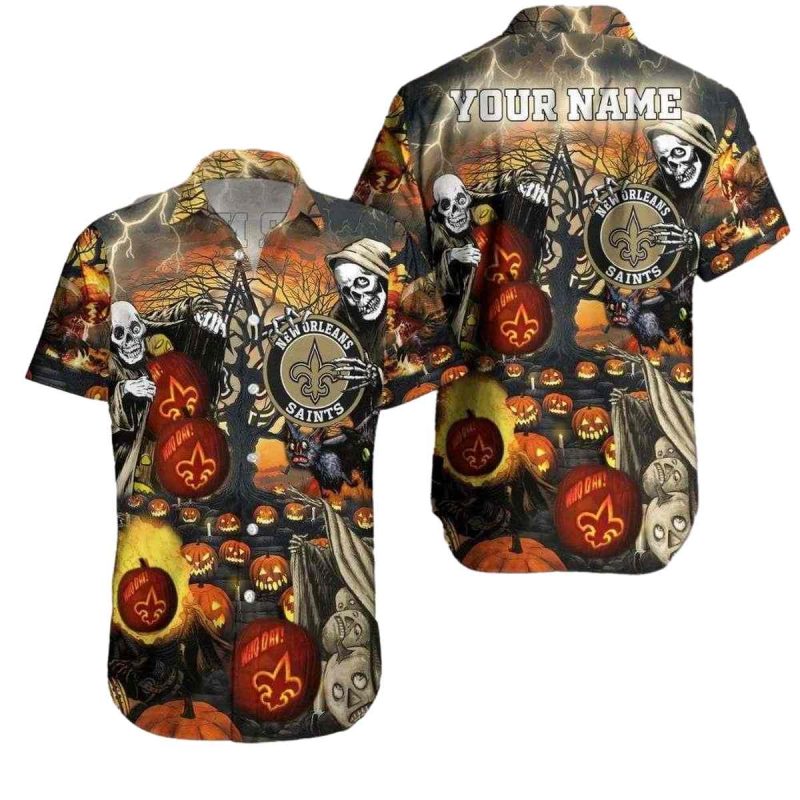Personalized New Orleans Saints Halloween Skull Pumkin Hawaiian Shirt 1