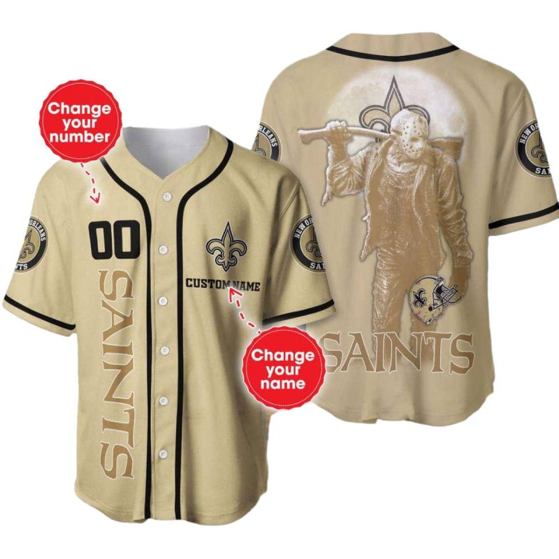 Personalized New Orleans Saints Jason Voorhees Halloween Gold Baseball Jersey 1