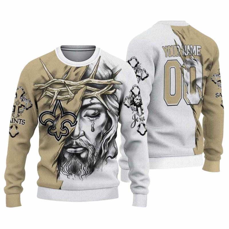 Personalized New Orleans Saints Jesus Tears Gold White Aop Sweatshirt 1
