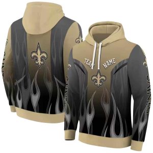 Personalized New Orleans Saints Logo And Flame Design Gold AOP Hoodie