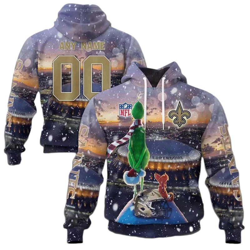 Personalized New Orleans Saints Logo And Grinch Stadium Aop Hoodie 1