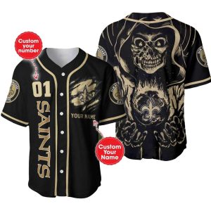 Personalized New Orleans Saints Logo And Halloween Skull Black Baseball Jersey