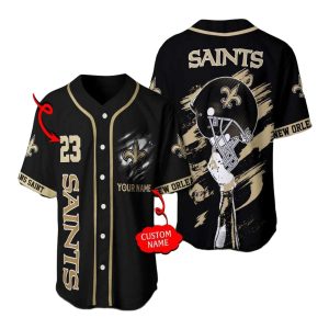 Personalized New Orleans Saints Logo And Helmet Black Baseball Jersey