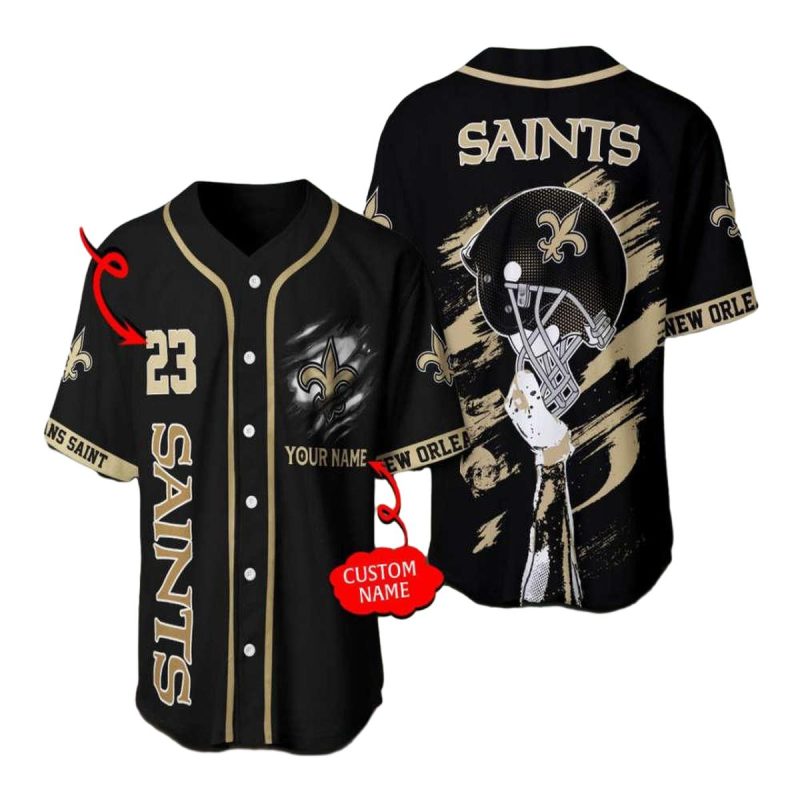 Personalized New Orleans Saints Logo And Helmet Black Baseball Jersey 1