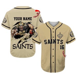Personalized New Orleans Saints Logo And Mascot Gold Pattern Baseball Jersey