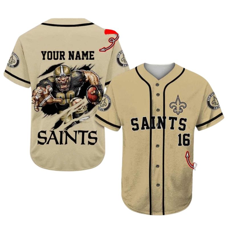 Personalized New Orleans Saints Logo And Mascot Gold Pattern Baseball Jersey 1