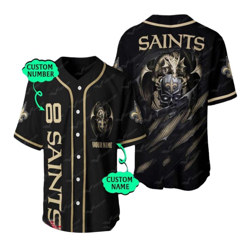 Personalized New Orleans Saints Logo And Skull Black Baseball Jersey 1