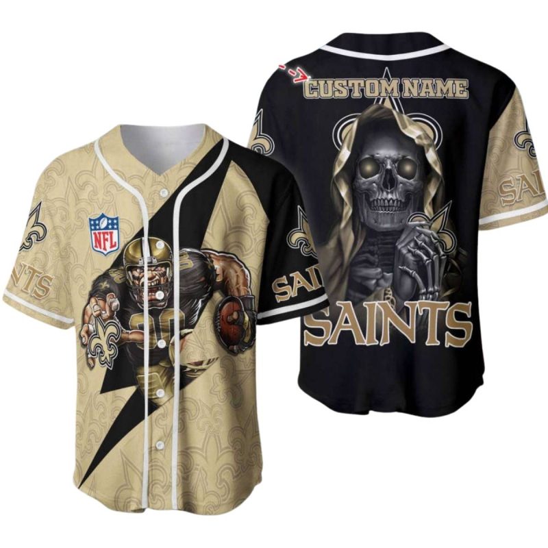 Personalized New Orleans Saints Mascot And Dead Skull Black Gold Baseball Jersey 1