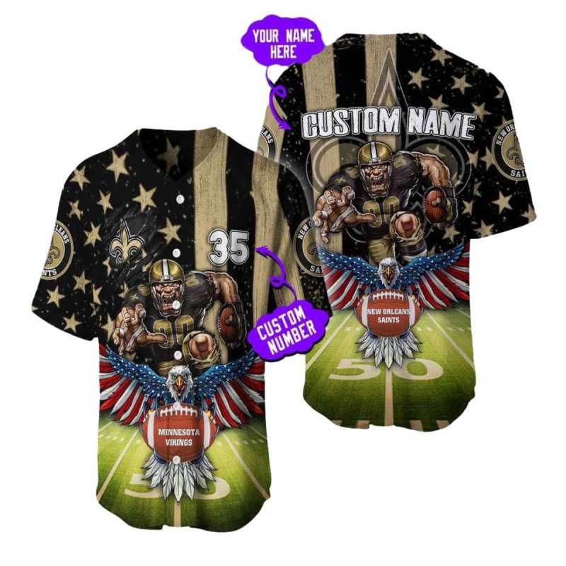 Personalized New Orleans Saints Mascot And Us Flag Eagle Baseball Jersey 1