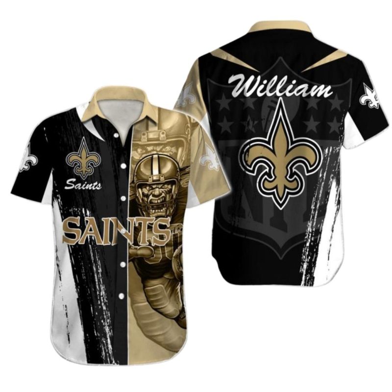 Personalized New Orleans Saints Mascot Black White And Gold Retro Hawaiian Shirt 1