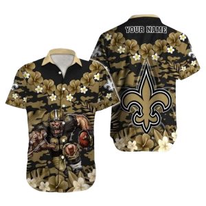 Personalized New Orleans Saints Mascot Gold Hibiscus Hawaiian Shirt