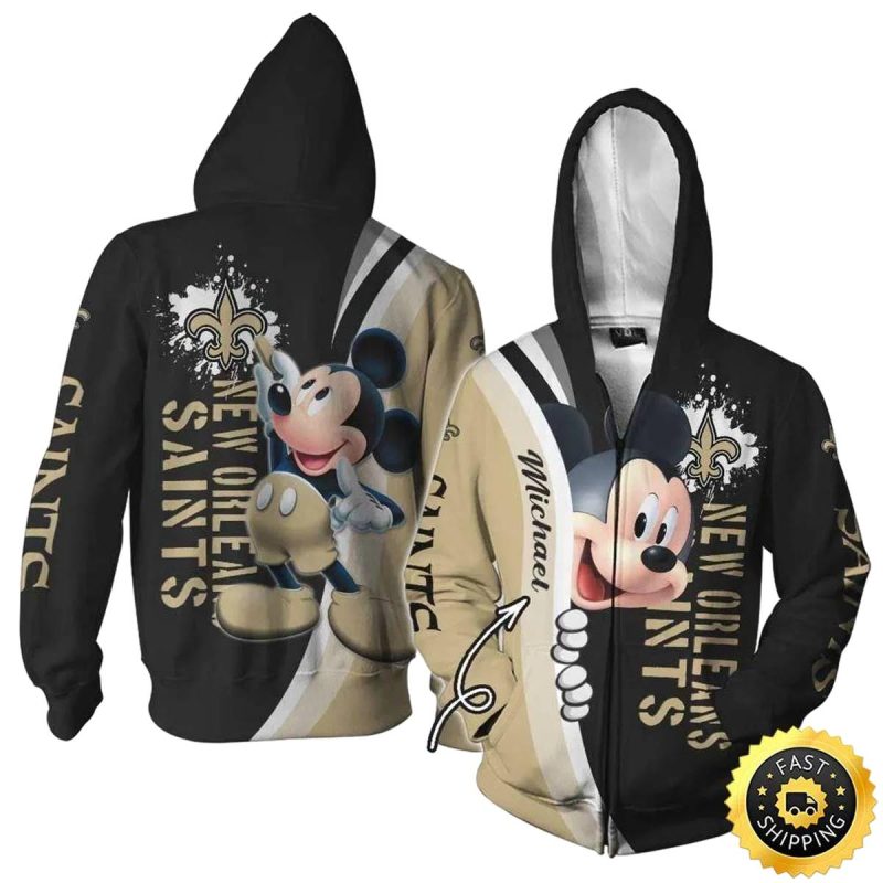 Personalized New Orleans Saints Mickey Mouse Black And Gold Aop Hoodie 1